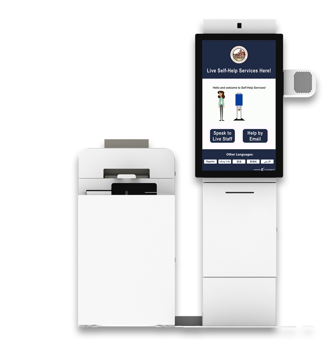 customer-service-kiosk-and-printer Free-standing video customer service kiosk with a matching printer.