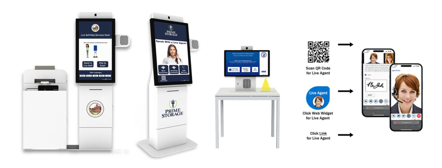 live-expert-across-devices Live video customer support displayed on various kiosk models and a mobile phone.